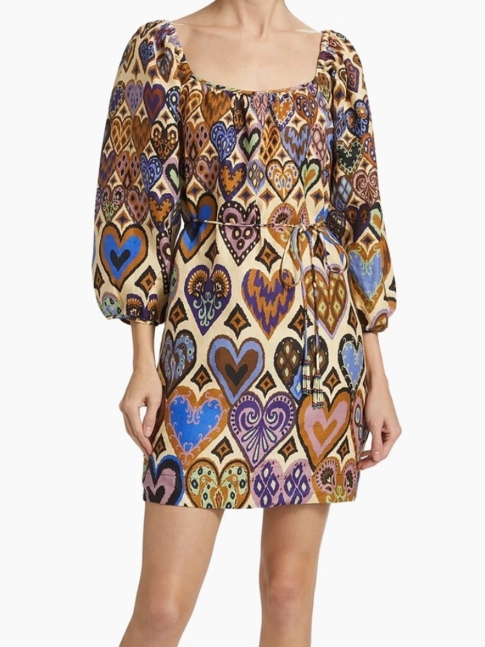 Farm Rio Cream Hearts Ikat Long Sleeve Linen Mini Dress SIZE LARGE